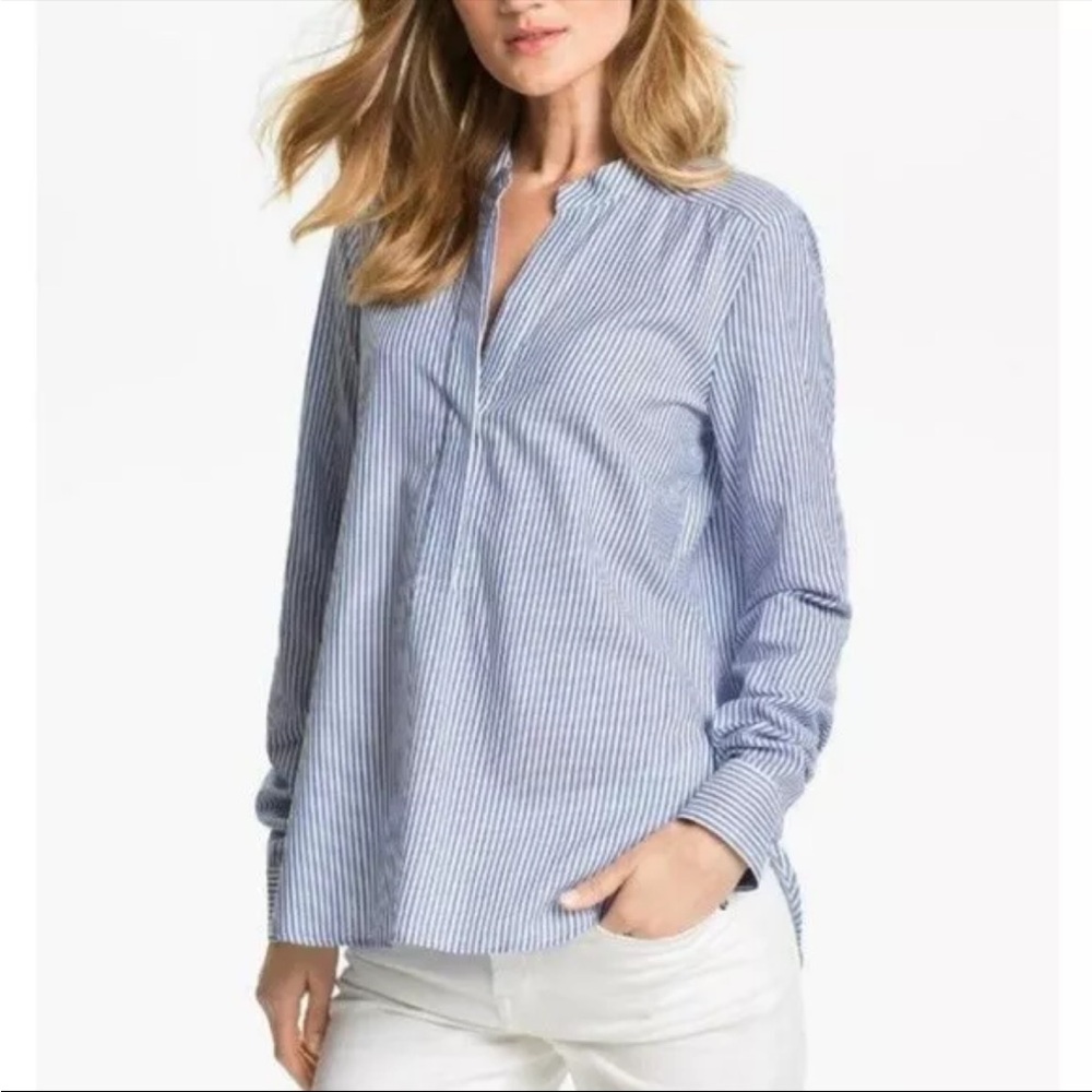 Vince Size 6 Blue & White Cotton Blend Striped Round Split Neck Long Sleeve Top